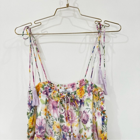 Floral Tassel Tie Mini Dress Multicolored Sheer Lined Tiered Shimmery - Picture 9 of 14